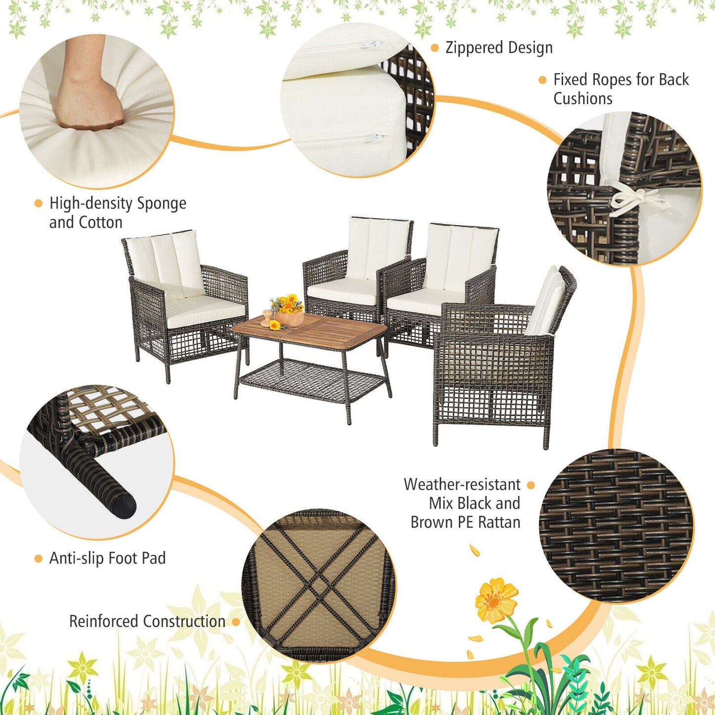 5 Piece Patio Rattan Furniture Set, Cushioned Sofa, Wooden Tabletop, Off White Patio Conversation Sets at Gallery Canada