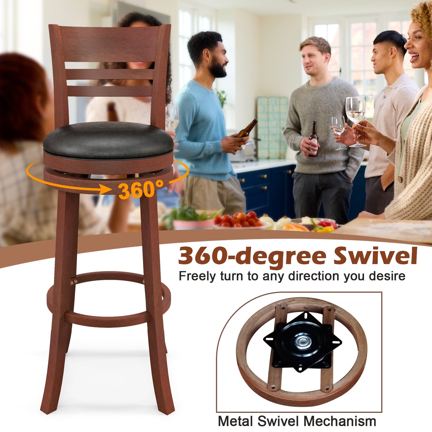 Set of 2 360° Bar Stools with PU Upholstered Seats, Brown Bar Stools at Gallery Canada