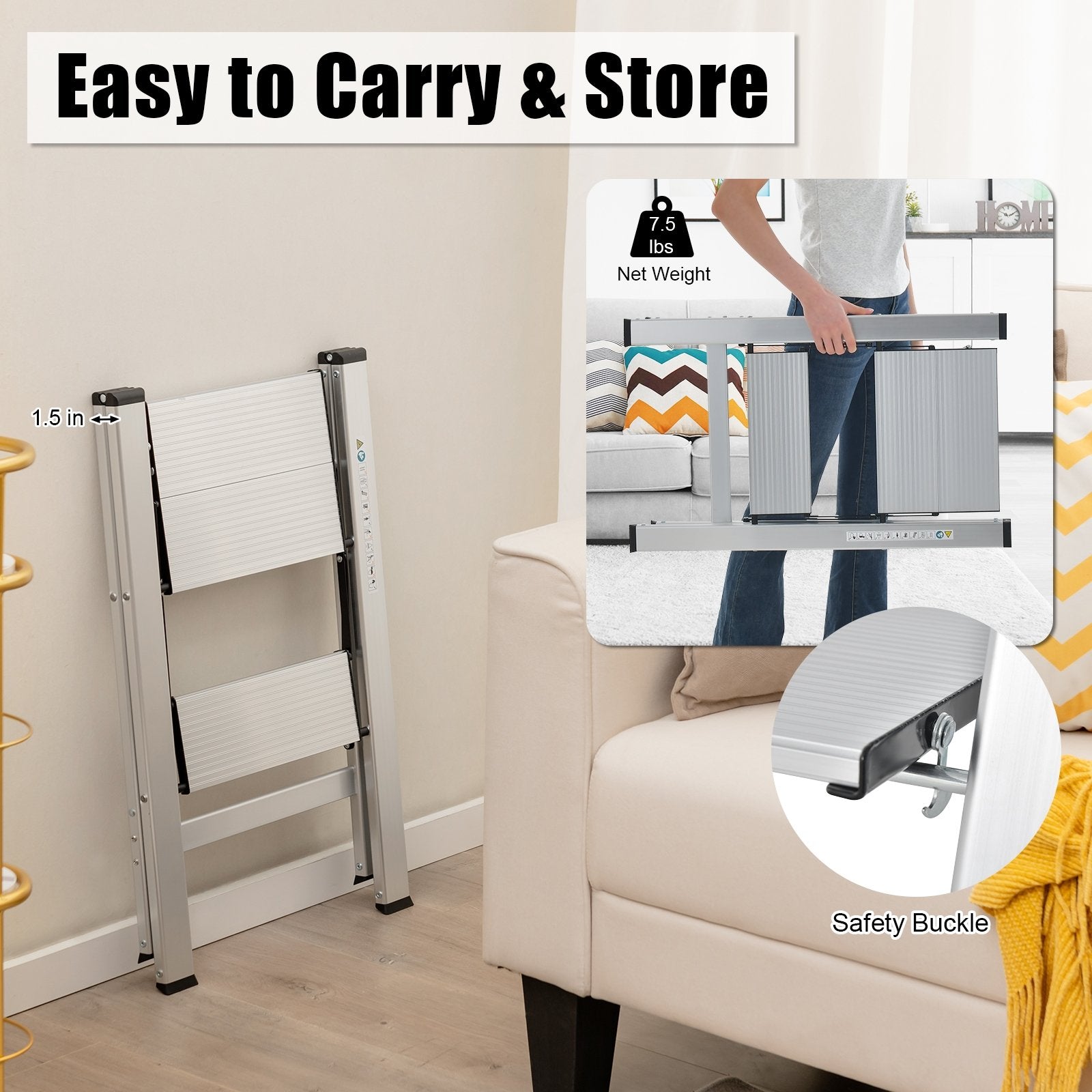 Folding Aluminum 2-Step Ladder with Non-Slip Pedal and Footpads, Silver at Gallery Canada