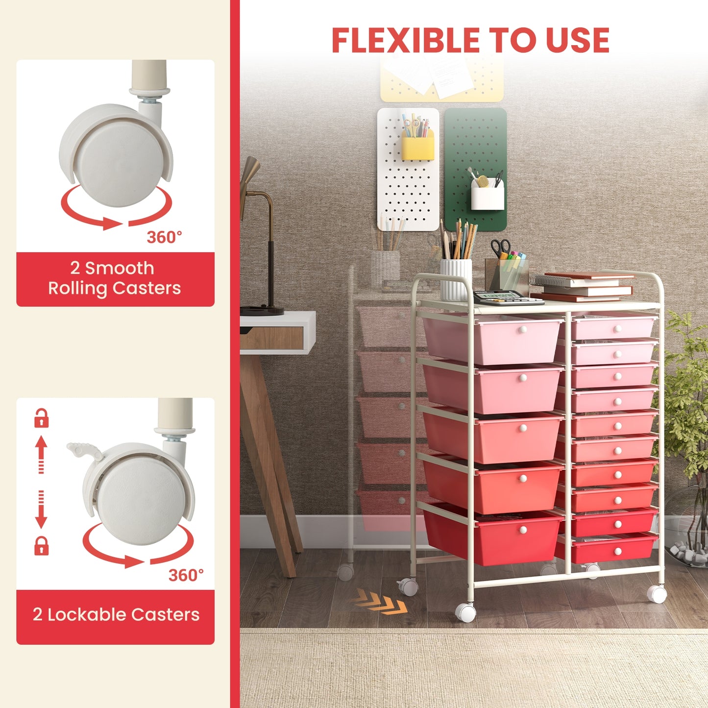 15-Drawer Rolling Organizer Cart, Multi-Use Storage, Gradient, Pink File Cabinets at Gallery Canada