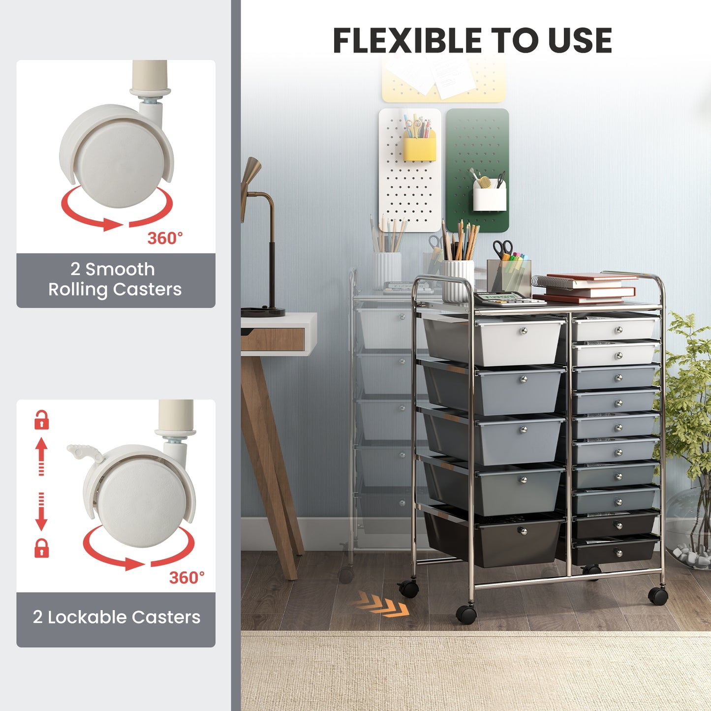 15-Drawer Utility Rolling Organizer Cart Multi-Use Storage, Gradient Gray File Cabinets at Gallery Canada