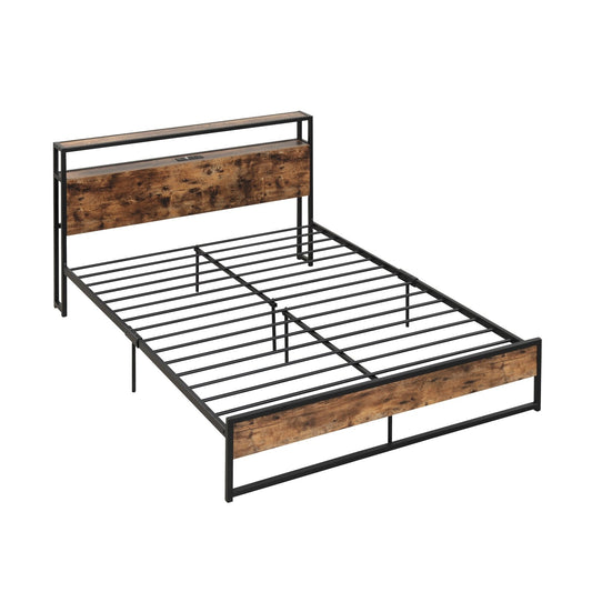 Full/Queen Bed Frame with 2-Tier Storage Headboard and Charging Station-Queen Size, Rustic Brown