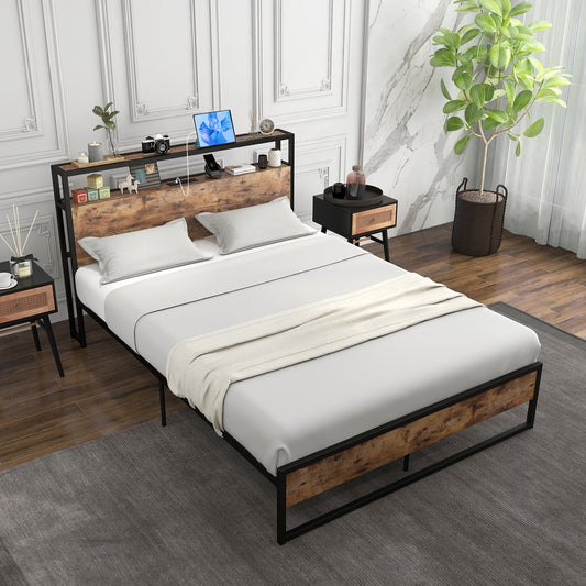 Full Queen Bed Frame, 2-Tier Storage Headboard, Charging Station, Rustic Brown Simple Bed Frame Rustic Brown at Gallery Canada