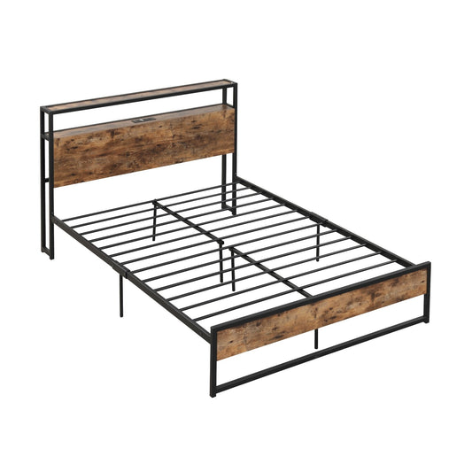 Full/Queen Bed Frame with 2-Tier Storage Headboard and Charging Station-Full Size, Rustic Brown