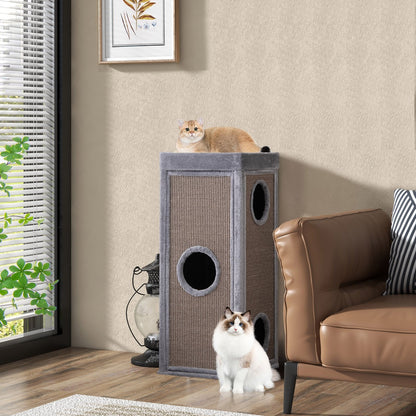 39" Tall Cat Condo with Scratching Posts and 3 Hideaways and 4 Soft Plush Cushions, Gray at Gallery Canada