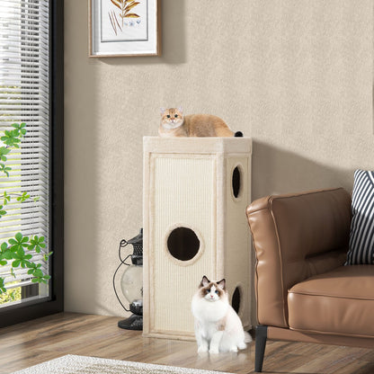 39" Tall Cat Condo with Scratching Posts and 3 Hideaways and 4 Soft Plush Cushions, Natural