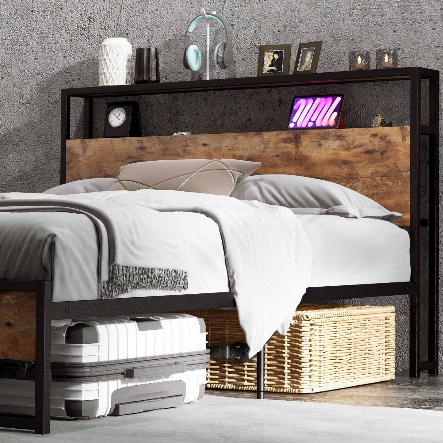 Full Queen Bed Frame, 2-Tier Storage Headboard, Charging Station, Brown Simple Bed Frame at Gallery Canada