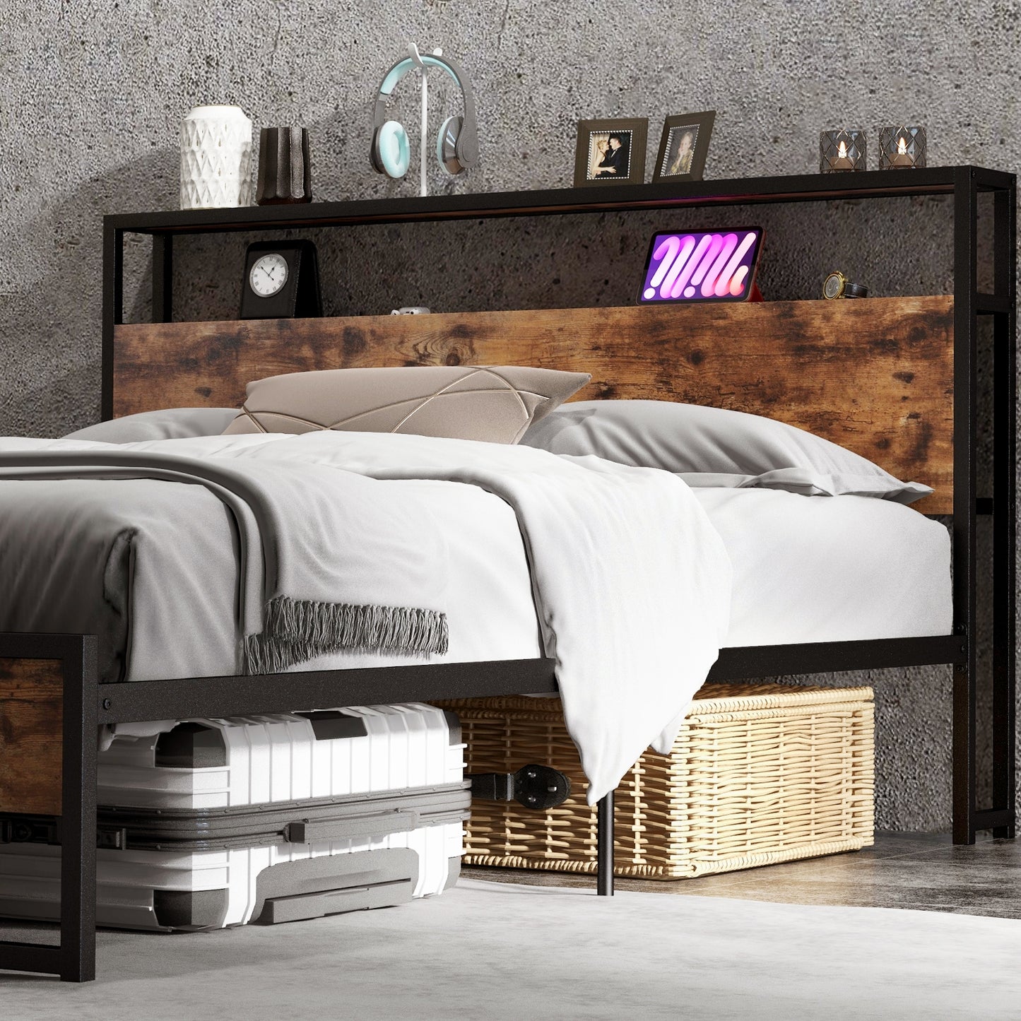 Full/Queen Bed Frame with 2-Tier Storage Headboard and Charging Station-Queen Size, Rustic Brown Simple Bed Frame at Gallery Canada