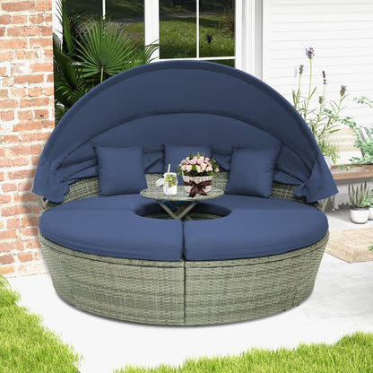 Outdoor PE Wicker Round Daybed with Retractable Canopy and Cushions, Navy