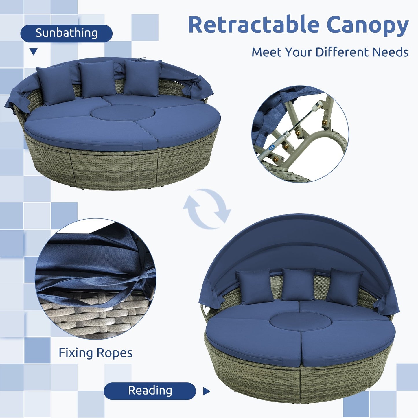 Outdoor PE Wicker Round Daybed with Retractable Canopy and Cushions, Navy