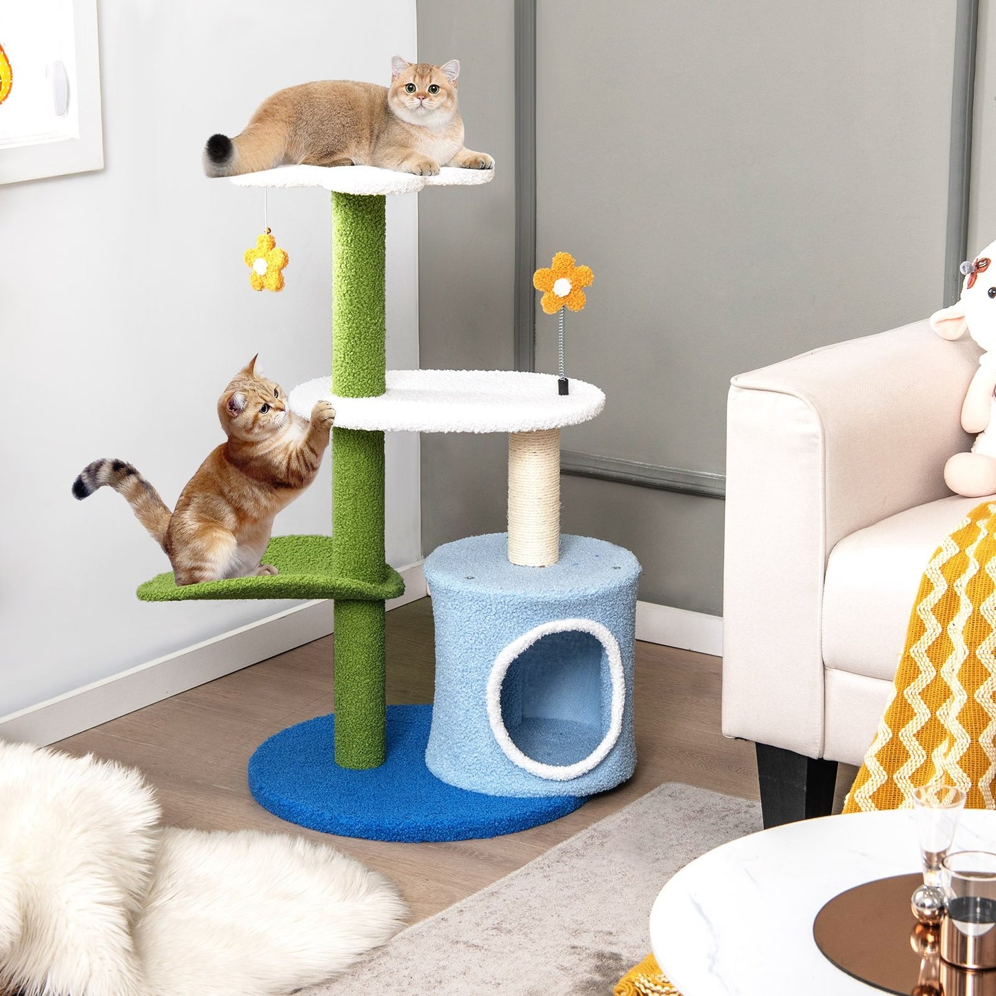 34.5 Inch 4-Tier Cute Cat Tree with Jingling Balls and Condo, Blue