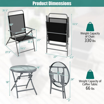 3 Pieces Patio Folding Chair Set Outdoor Metal Conversation Set, Black