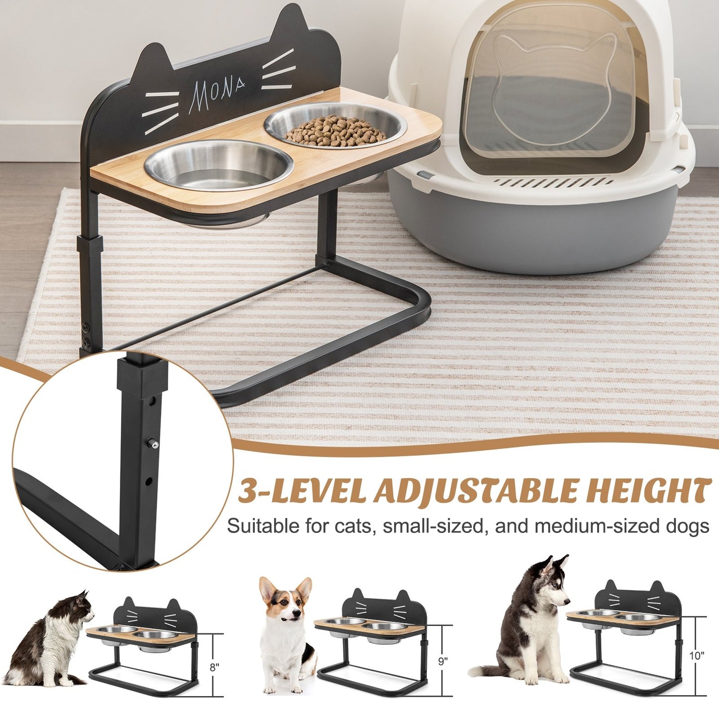 Elevated Pet Feeder with 2 Stainless Steel Bowls for Cats and Small and Medium Dogs, Natural