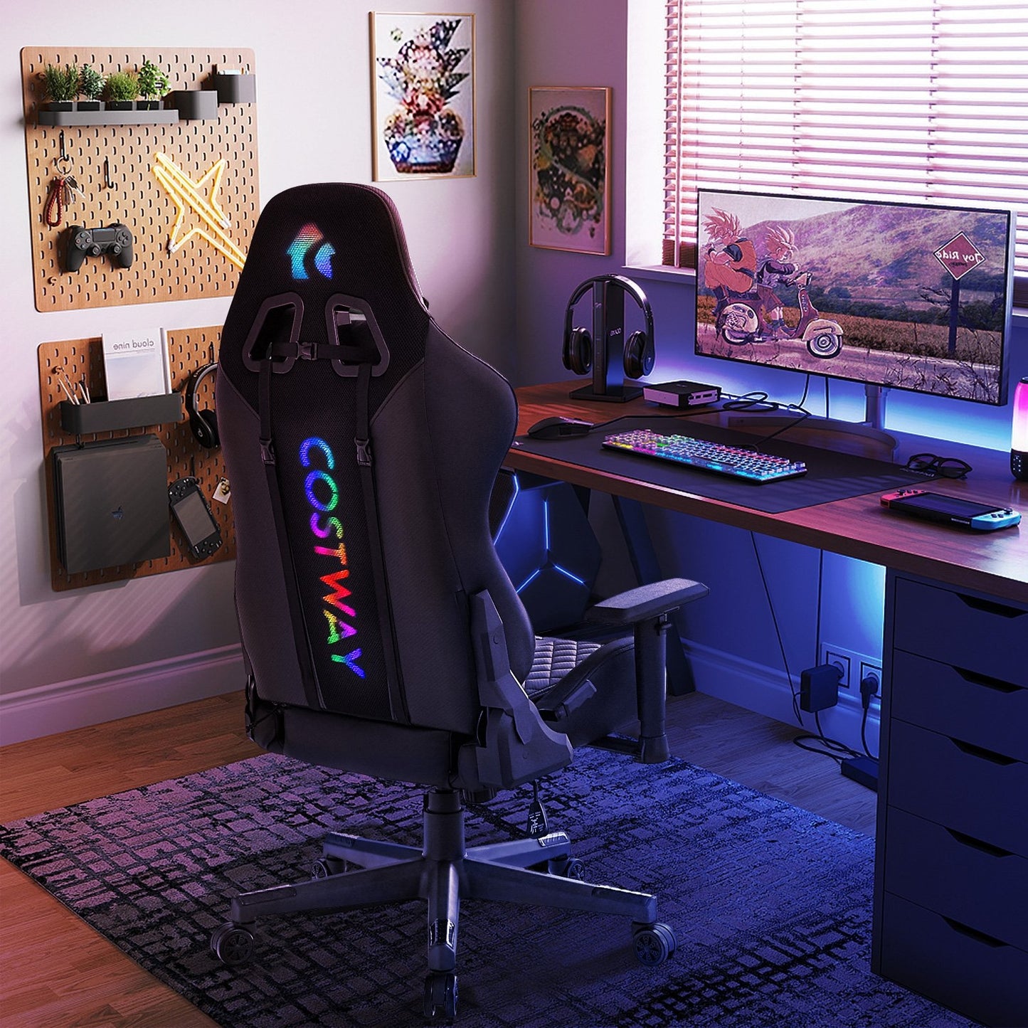 Adjustable 360° Swivel PU Gaming Chair with RGB LED Lights and Nylon Base, Black at Gallery Canada