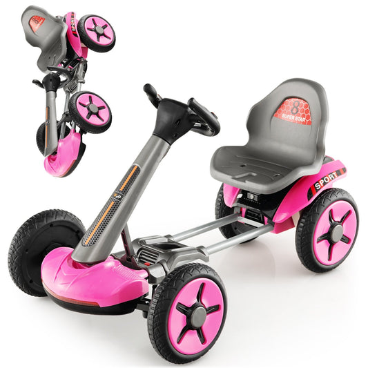 Pedal Powered 4-Wheel Toy Car with Adjustable Steering Wheel and Seat, Pink