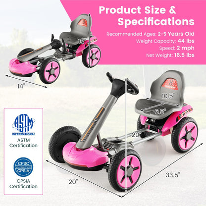 Pedal Powered 4-Wheel Toy Car with Adjustable Steering Wheel and Seat, Pink