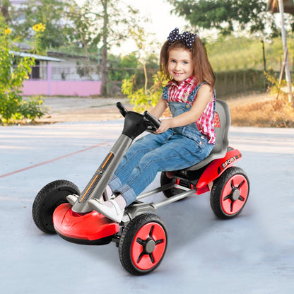 Pedal Powered 4-Wheel Toy Car with Adjustable Steering Wheel and Seat, Red
