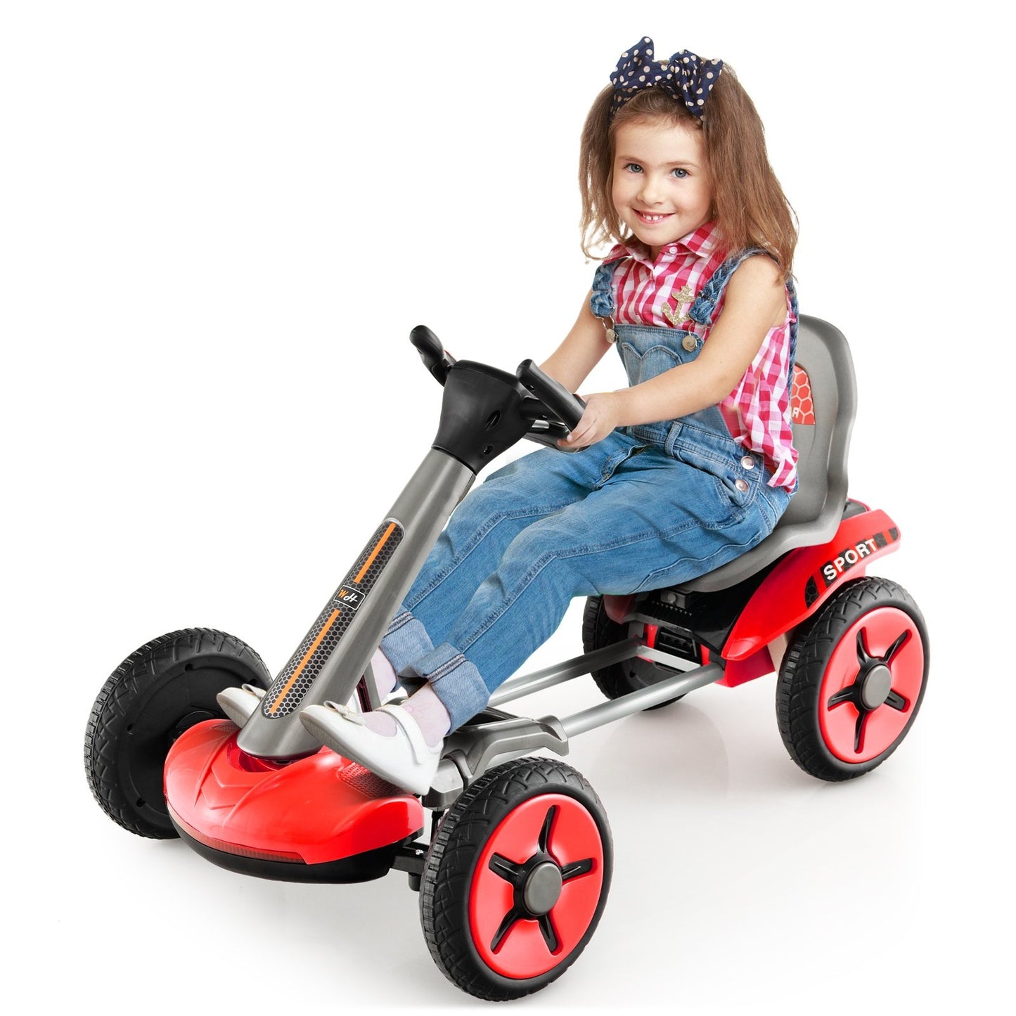 Pedal Powered 4-Wheel Toy Car with Adjustable Steering Wheel and Seat, Red