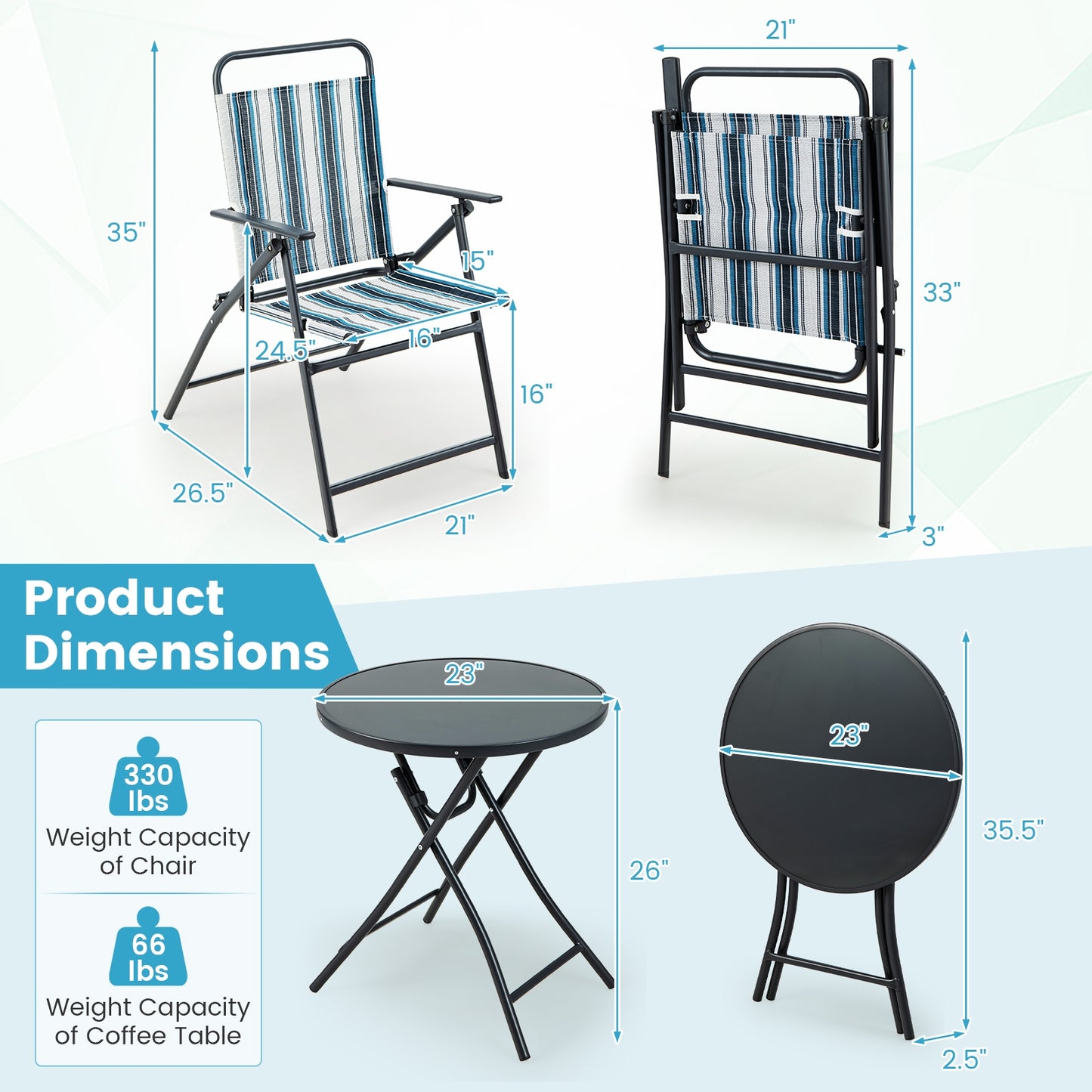 3 Piece Outdoor Folding Chair Set, Portable, Blue Patio Furniture Sets at Gallery Canada