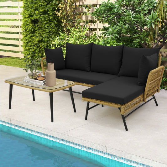 3 Pieces L-Shaped Patio Sofa with Cushions and Tempered Glass Table, Black Patio Conversation Sets Black at Gallery Canada
