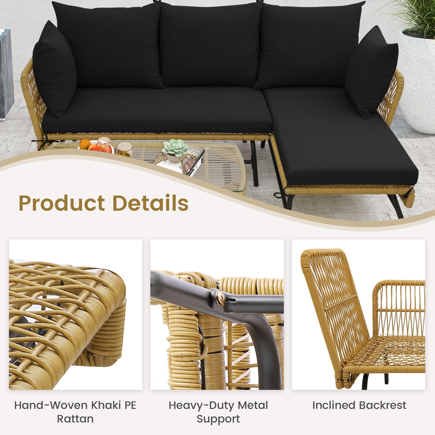 3 Piece L-Shaped Patio Sofa With Cushions, Tempered Glass Table, Black Patio Conversation Sets at Gallery Canada