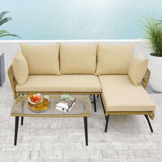 3 Piece L-Shaped Patio Sofa With Cushions, Tempered Glass Table, Beige Patio Conversation Sets Beige at Gallery Canada