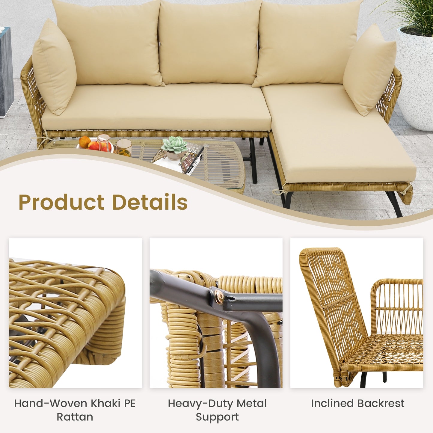 3 Piece L-Shaped Patio Sofa With Cushions, Tempered Glass Table, Beige Patio Conversation Sets at Gallery Canada