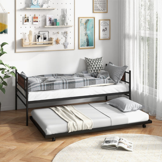 Twin Size Metal Daybed with Trundle and Wood Grain Headboard, Black Trundle Bed Frame Black at Gallery Canada