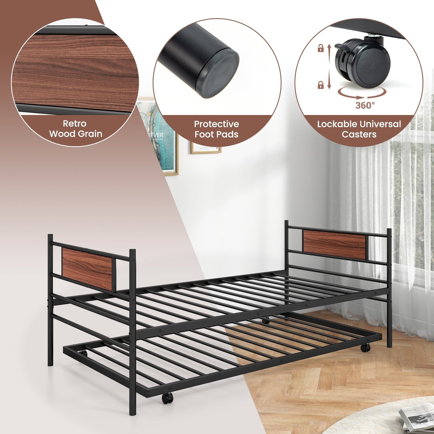 Twin Size Metal Daybed with Trundle and Wood Grain Headboard, Black