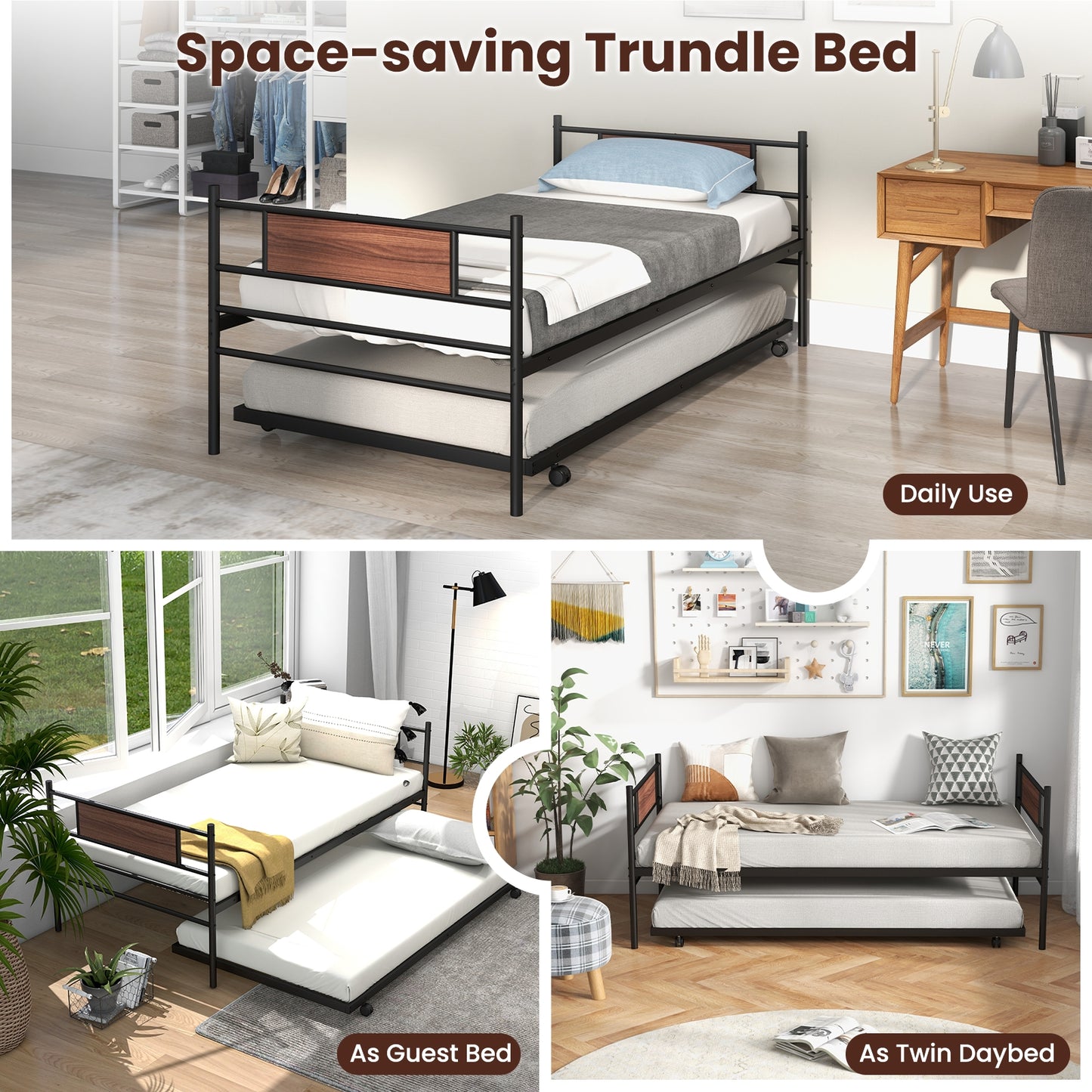 Twin Size Metal Daybed with Trundle and Wood Grain Headboard, Black Trundle Bed Frame at Gallery Canada