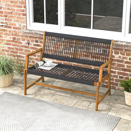 Outdoor Acacia Wood Bench with Backrest and Armrests for Outdoor Outdoor Benches Black, Natural at Gallery Canada