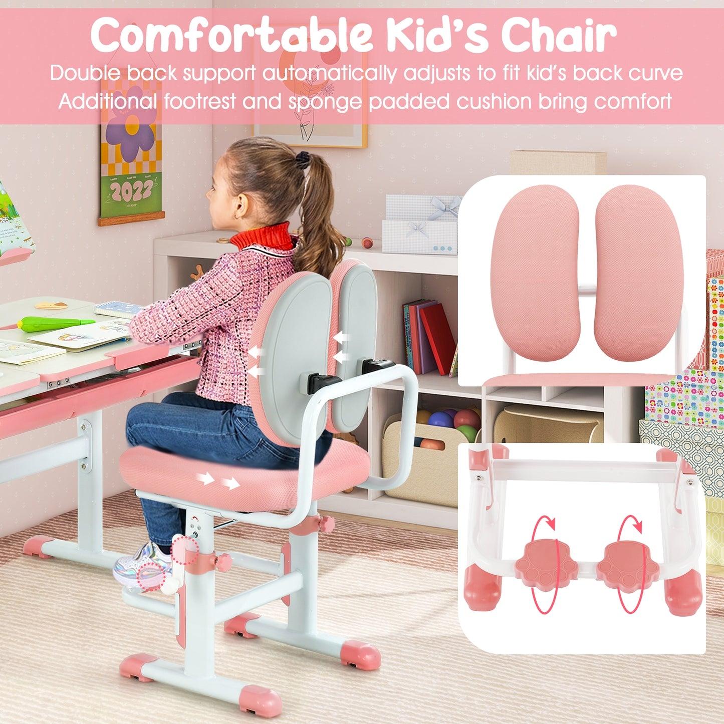 Height-Adjustable Kids Study Desk And Chair Set, Pink Kids Table & Chair Sets at Gallery Canada
