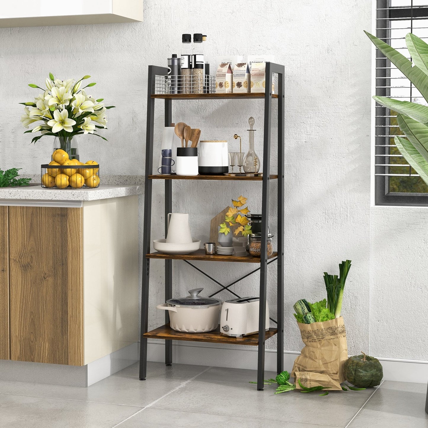 4-Tier Bookshelf with Metal Frame and Adjustable Foot Pads, Rustic Brown