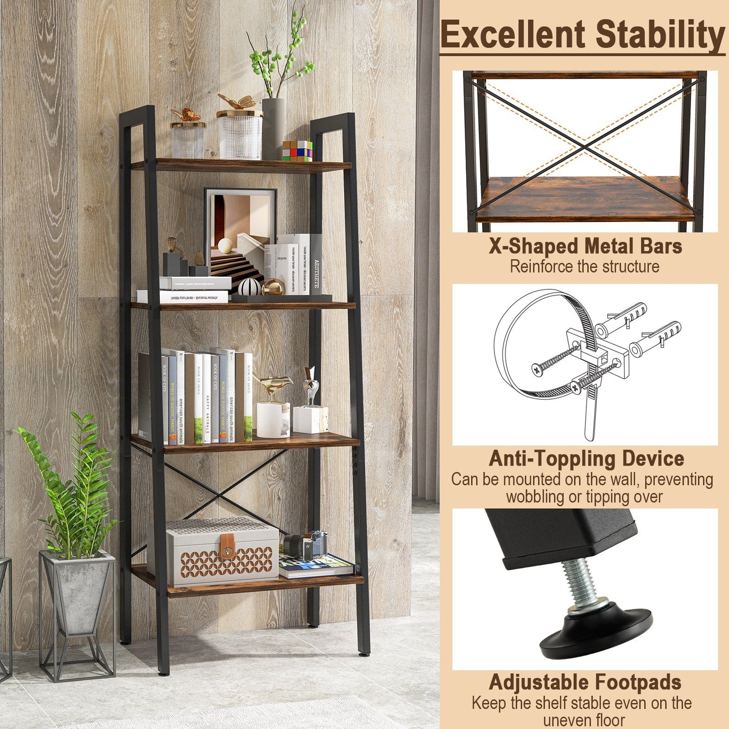 4-Tier Bookshelf with Metal Frame and Adjustable Foot Pads, Rustic Brown