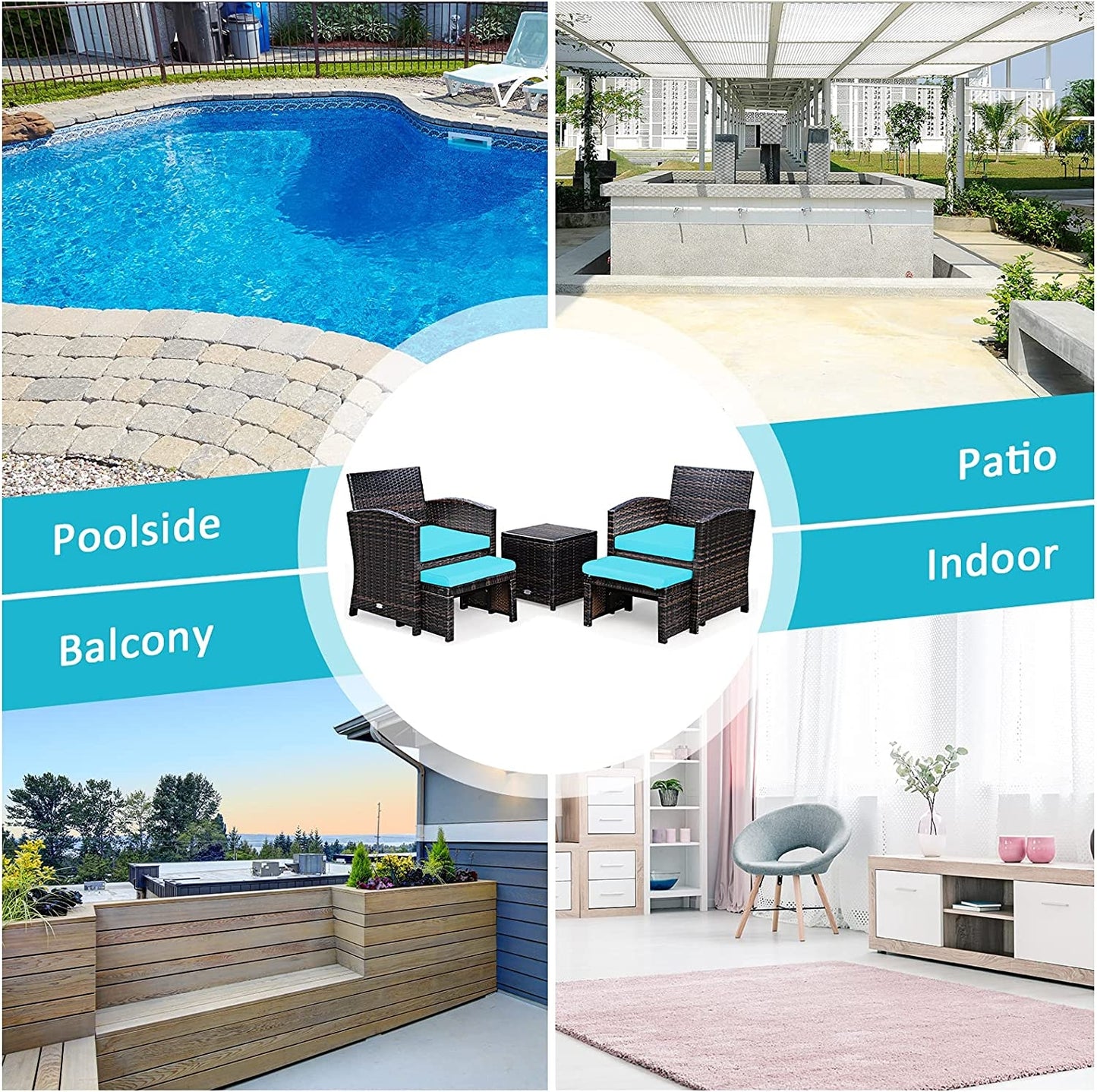 5 Pieces Patio Rattan Furniture Set with Ottoman and Tempered Glass Coffee Table, Turquoise Outdoor Seating & Patio Chairs at Gallery Canada