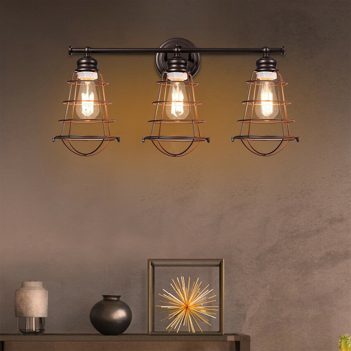 3-Light Vanity Lamp Bathroom Fixture with Metal Wire Cage, Bronze at Gallery Canada