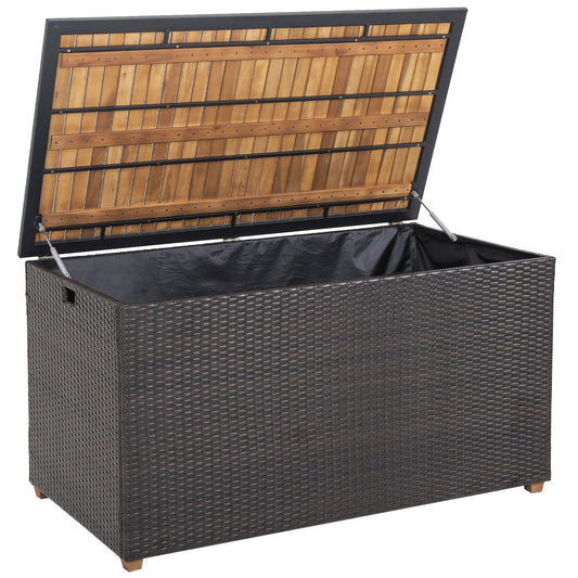 134 Gallon Rattan Storage Box with Zippered Liner and Solid Acacia Wood Top, Brown