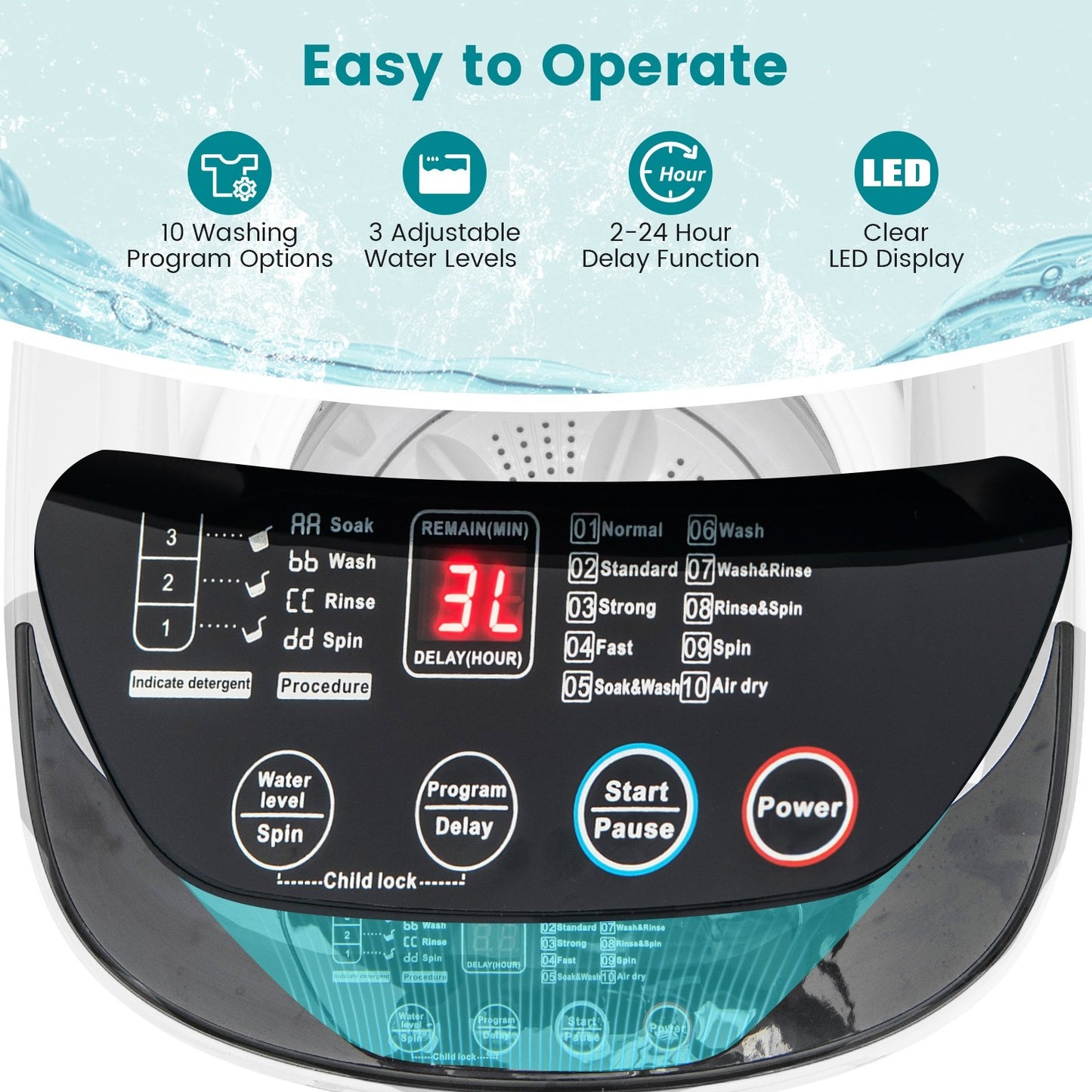 7.7 lbs Full-Automatic Washing Machine with 10 Washing Programs, White