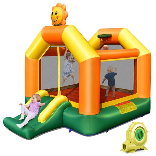Kids Inflatable Bounce House with Slide and Basketball Rim with 735W Blower, Yellow