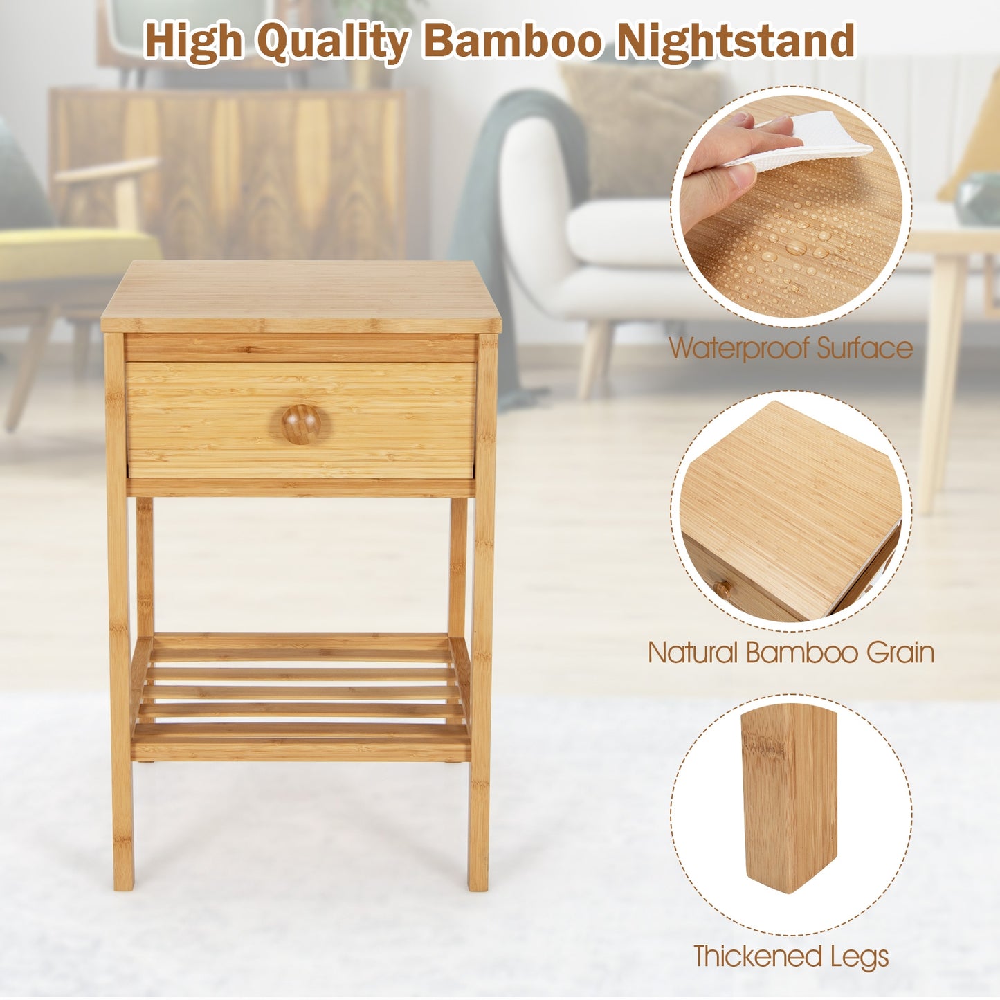 Bamboo End Tables, Set of 2, With Drawer and Open Shelf, Natural Nightstands at Gallery Canada