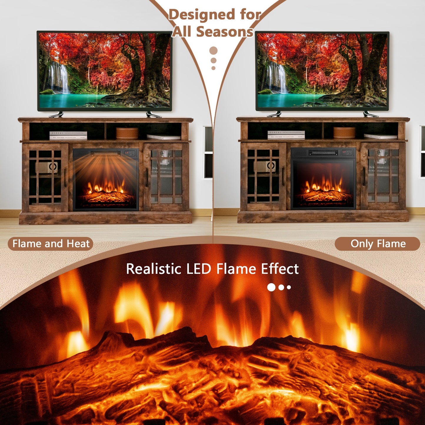 48 Inch Electric Fireplace TV Stand with Cabinets for TVs Up to 55 Inch, Brown Entertainment Centers & TV Stands at Gallery Canada