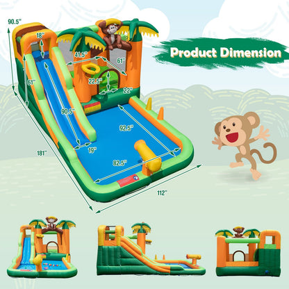 Monkey-Themed Inflatable Bounce House with Slide without Blower, Multicolor