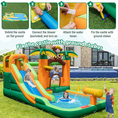 Monkey-Themed Inflatable Bounce House with Slide without Blower, Multicolor