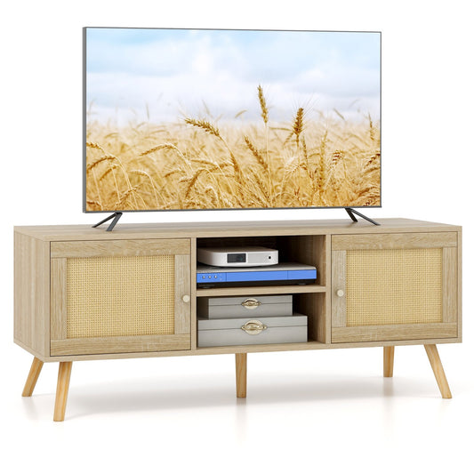 PE Rattan Media Console Table with 2 Cabinets and Open Shelves, Natural