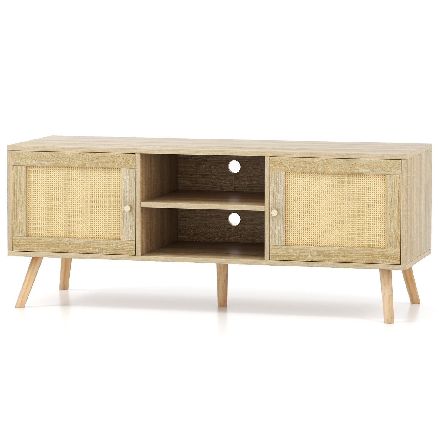 PE Rattan Media Console Table with 2 Cabinets and Open Shelves, Natural
