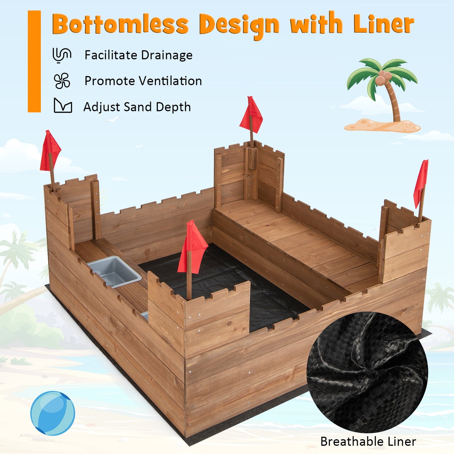 Kids Wooden Sandbox With Bottom Liner, Natural, Red Sandboxes at Gallery Canada