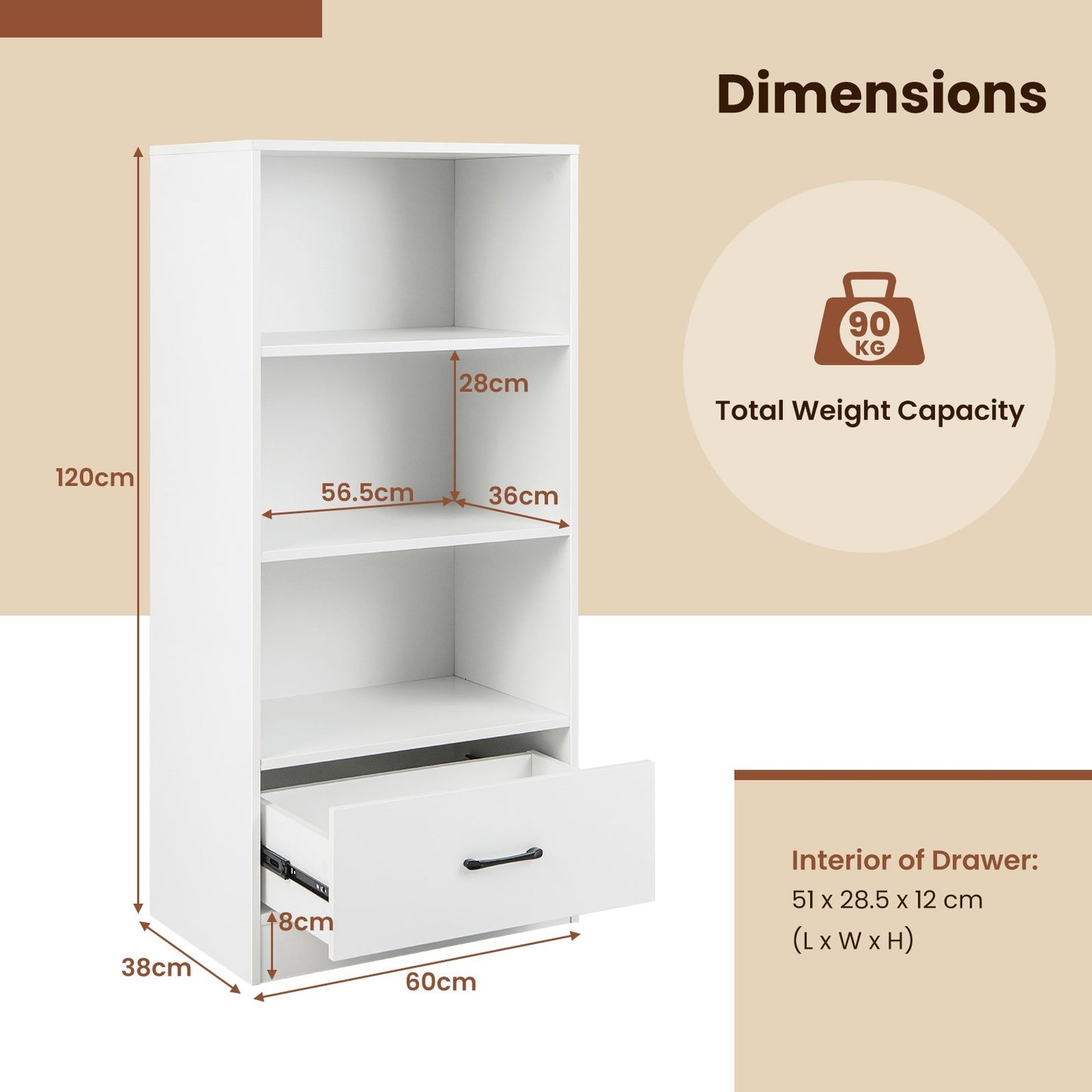 48 Inch Tall 4 Tiers Wood Bookcase with Drawer, White