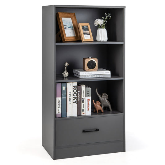 48 Inch Tall 4 Tiers Wood Bookcase with Drawer, Gray