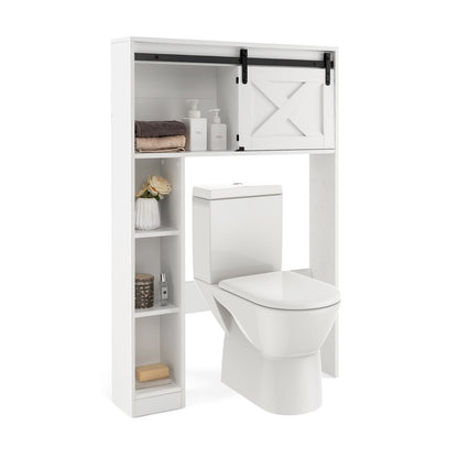 4-Tier Over The Toilet Storage Cabinet with Sliding Barn Door and Storage Shelves, White
