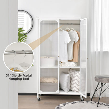 Rolling Storage Armoire Closet with Hanging Rod and Adjustable Shelf, White